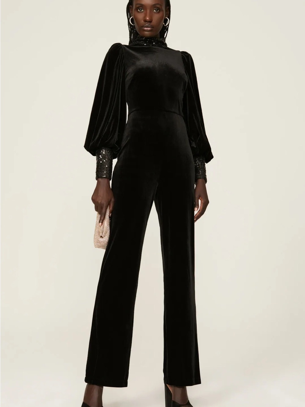Badgley Mischka Black Velvet Puff-Sleeve Jumpsuit sequin open back bow holiday